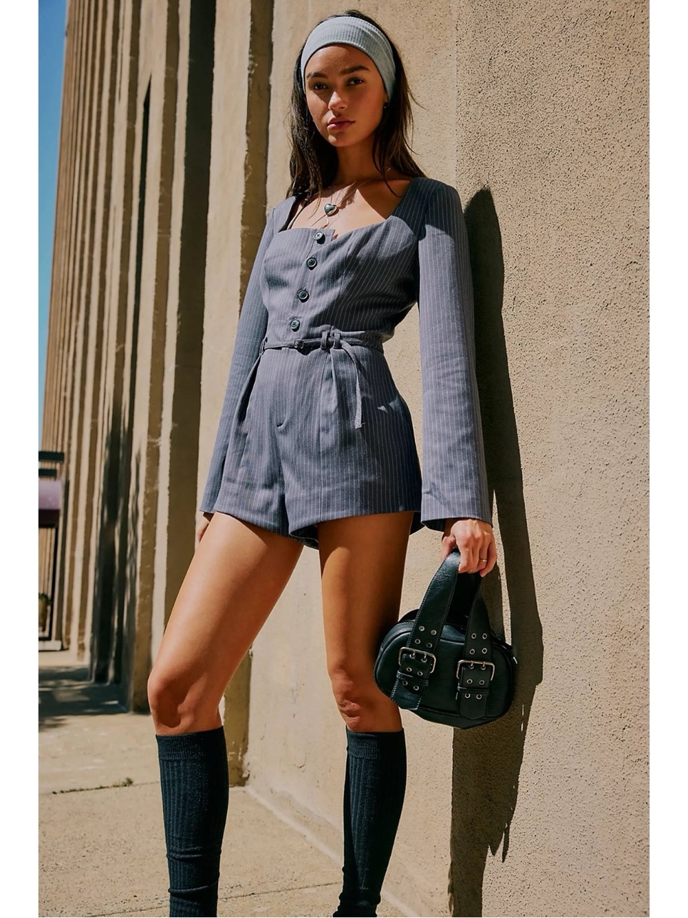 Free People Classic Grey Pinstriped Paloma Romper Size Large